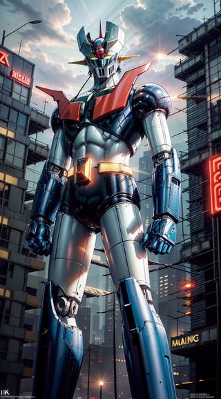 (masterpiece,best quality,ultra-detailed,8K,intricate, realistic,cinematic lighting),Generate AI art portraying the majestic Mazinger robot in a futuristic cyberpunk cityscape. Picture Mazinger with sleek and intricate details, seamlessly blending with the high-tech aesthetic of the metropolis. Illuminate the scene with vibrant neon lights, casting dynamic reflections on Mazinger's polished surface. Capture the power and presence of the robot, standing tall amidst the towering skyscrapers and futuristic elements. Utilize a bold color palette and sharp contrasts to enhance the cyberpunk ambiance, creating a visually striking depiction of Mazinger in the futuristic city.afrodit4 robot,mazinger