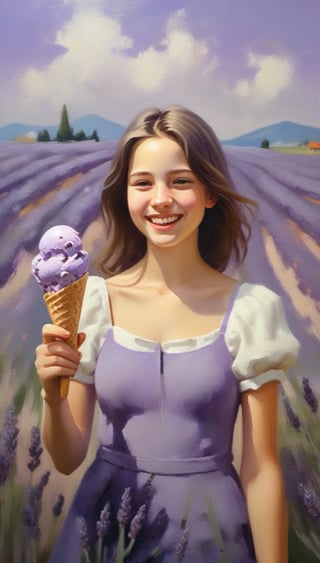 Generate an image of a happy teenage girl standing in the midst of a lavender field, holding a lavender ice cream in a hand, depicted in a contemporary oil painting style inspired by modern artists. greg rutkowski,kimtaeri-xl,greg rutkowski