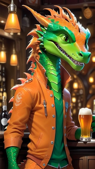 Cartoon: a very cute and young-looking dragon boy,in a bar,drinking wine and beer,orange jacket,cheerful,complex backdrop,cinematic lighting,rule of thirds,depth of perspective,trending on artstation,(hyper-realistic,Ultra-detailed,sharp focus,high contrast,HDR,masaterpiece),(fullbody:1.3),dragon_h,art_booster, real_booster