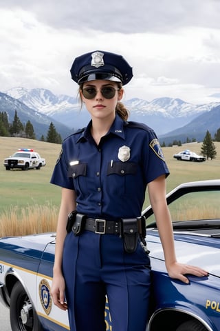 Hyper-Realistic photo of a beautiful LAPD police officer,20yo,1girl,solo,LAPD police uniform,cap,detailed exquisite face,soft shiny skin,smile,sunglasses,looking at viewer,Kristen Stewart lookalike,cap,fullbody:1.3
BREAK
backdrop:lamarva11ey,outdoors,sky,day, cloud,tree,cloudy sky,grass,nature, beautiful scenery,mountain,winding road,landscape, american bisons,police car,(girl focus),[cluttered maximalism]
BREAK
settings: (rule of thirds1.3),perfect composition,studio photo,trending on artstation,depth of perspective,(Masterpiece,Best quality,32k,UHD:1.4),(sharp focus,high contrast,HDR,hyper-detailed,intricate details,ultra-realistic,kodachrome 800:1.3),(cinematic lighting:1.3),(by Karol Bak$,Alessandro Pautasso$,Gustav Klimt$ and Hayao Miyazaki$:1.3),art_booster,photo_b00ster, real_booster,y0sem1te,Ye11owst0ne