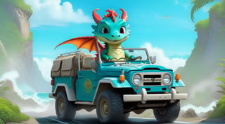 a cute dragon boy,driving a cute land cruiser on a highway,wearing goggles,ocean backdrop,highly detailed,cinematic lighting,rule of thirds,depth of perspective,trending on artstation,wide shot,dragon_h,art_booster,real_booster
