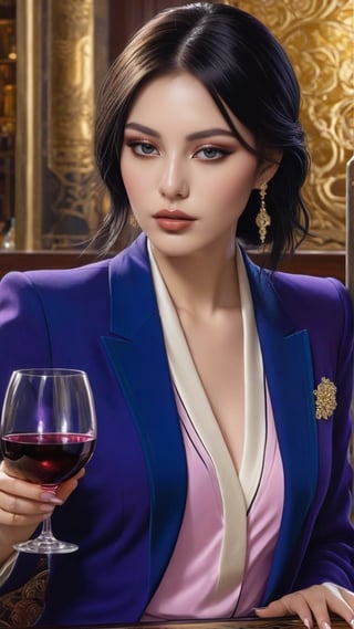 Hyper-realistic portrait of a sophisticated girl,20yo,drinking wine in a bar,sitting at a table,alluring neighbor's wife,clear facial features,detailed exquisite face,perfect female form,model body,elegant jacket on shirt short skirt,detailed bar backdrop,(Royal Blue,Lilac Blush,Gold Raspberry,Ivory color),
studio photo,trending on artstation,perfect composition,(Hyper-realistic,Masterpiece,Hyper-detailed,intricate details,,8K:1.2),cinematic lighting,anime vibes,kuchiki rukia,pen and ink,by Karol Bak and Gustav Klimt,real_booster, art_booster,ani_booster