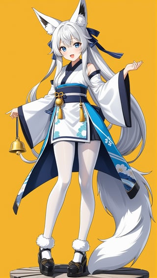Hyper-Detailed Anime of Kasumi \(Azur Lane\),1girl, solo, long hair, looking at viewer, blush, open mouth, bangs, blue eyes, hair ornament, long sleeves, ribbon, animal ears, very long hair, standing, tail, full body, hair ribbon, white hair, pantyhose, japanese clothes, socks, wide sleeves, kimono, black footwear, animal ear fluff, sleeves past wrists, fox ears, bell, fox tail, fox girl, ribbon trim, jingle bell, machinery, white pantyhose, ribbon-trimmed sleeves, turret, rigging, torii,simple background,yellow background,cluttered maximalism
BREAK
(rule of thirds:1.3),(thick drawing lines:1.3),perfect composition,studio photo,trending on artstation,(Masterpiece,Best quality,32k,UHD,sharp focus,high contrast,HDR,hyper-detailed,intricate details,ultra-clear:1.3),(cinematic lighting),photo_b00ster, real_booster,art_booster,ani_booster