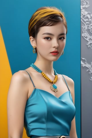Hyper-Realistic photo of a girl,20yo,1girl,perfect female form,perfect body proportion,perfect anatomy,[Turquoise,Baby Blue,Mustard Yellow,Gray color],elegant dress,detailed exquisite face,soft shiny skin,mesmerizing,detailed shiny short hair,small earrings,necklaces,Louis Vuitton bag,cluttered maximalism,simple backdrop with gradation
BREAK
(rule of thirds:1.3),perfect composition,studio photo,trending on artstation,(Masterpiece,Best quality,32k,UHD:1.4),(sharp focus,high contrast,HDR,hyper-detailed,intricate details,ultra-realistic,award-winning photo,ultra-clear,kodachrome 800:1.25),(chiaroscuro lighting,soft rim lighting:1.15),by Karol Bak,Antonio Lopez,Gustav Klimt and Hayao Miyazaki,photo_b00ster,real_booster,art_booster,song-hyegyo-xl