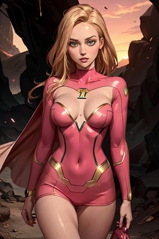 (masterpiece, best quality, ultra-detailed, 8K),high detail,picture perfect face,blush,Atom Eve walking in volcano cave,perfect female body,hourglass bodyshape,slim,(green eyes,iridiscent eyes),(golden hair), colorfull,cute,sexy,charming,alluring,seductive,(pink super hero suit,cape),shy,exited,pink energy,upper body shot