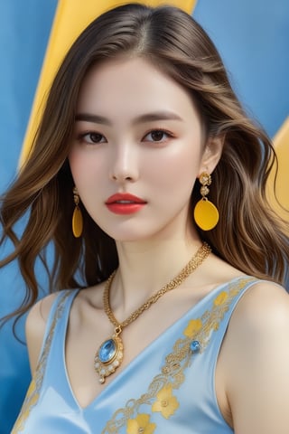 Hyper-Realistic photo of a girl,20yo,1girl,perfect female form,perfect body proportion,perfect anatomy,[baby blue and yellow color],elegant dress,detailed exquisite face,soft shiny skin,mesmerizing,detailed shiny long hair,small earrings,necklaces,Louis Vuitton bag,cluttered maximalism,simple backdrop with gradation
BREAK
(rule of thirds:1.3),perfect composition,studio photo,trending on artstation,(Masterpiece,Best quality,32k,UHD:1.4),(sharp focus,high contrast,HDR,hyper-detailed,intricate details,ultra-realistic,award-winning photo,ultra-clear,kodachrome 800:1.25),(chiaroscuro lighting,soft rim lighting:1.15),by Karol Bak,Antonio Lopez,Gustav Klimt and Hayao Miyazaki,photo_b00ster,real_booster,art_booster,song-hyegyo-xl