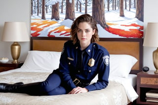 Hyper-Realistic photo of a beautiful LAPD police officer sitting on a bed in a winter resort house bedroom,20yo,1girl,solo,LAPD police uniform,cap,detailed exquisite face,soft shiny skin,smile,looking at viewer,Kristen Stewart lookalike,cap,fullbody:1.3
BREAK
backdrop:luxurious bedroom,pillow,lamp,window,curtain,carpet,tree,girl focus,cluttered maximalism
BREAK
settings: (rule of thirds1.3),perfect composition,studio photo,trending on artstation,depth of perspective,(Masterpiece,Best quality,32k,UHD:1.4),(sharp focus,high contrast,HDR,hyper-detailed,intricate details,ultra-realistic,kodachrome 800:1.3),(cinematic lighting:1.3),(by Karol Bak$,Alessandro Pautasso$,Gustav Klimt$ and Hayao Miyazaki$:1.3),art_booster,photo_b00ster, real_booster,w1nter res0rt