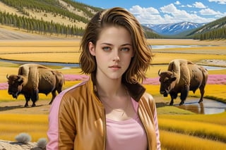 ((Hyper-Realistic)) close-up photo of a beautiful 1girl standing in front of A lamar valley \(lamarva11ey\) in Yellowstone,(kristen stewart:1.3),20yo,detailed exquisite face,detailed soft skin,looking at viewer,hourglass figure,perfect female form,model body,(perfect hands:1.2),(elegant yellow jacket,white shirt and pink skirt),(backdrop: outdoors,sky,day, cloud,tree,cloudy sky,grass,nature,highly detailed and realistic beautiful scenery,mountain,winding road,landscape,(american bisons:1.2)),(girl focus:1.3)
BREAK
aesthetic,rule of thirds,depth of perspective,perfect composition,studio photo,trending on artstation,cinematic lighting,(Hyper-realistic photography,masterpiece, photorealistic,ultra-detailed,intricate details,16K,sharp focus,high contrast,kodachrome 800,HDR:1.2),photo_b00ster,real_booster,ye11owst0ne,(lamarva11ey:1.2),more detail XL,art_booster
