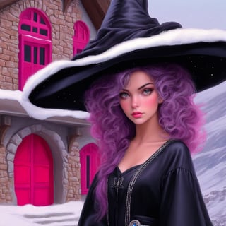 ((Ultra-Detailed)) portrait of a girl wearing a witchhat, standing in front of a modern resort house,1 girl,20yo,detailed exquisite face,soft shiny skin,playful smirks,detailed pretty eyes,glossy lips 
BREAK
(backdrop:modern style mountain house,windows,brick and stone walls,snow,tree,road),(girl and house focus)
BREAK 
sharp focus,high contrast,studio photo,trending on artstation,ultra-realistic,Super-detailed,intricate details,HDR,8K,chiaroscuro lighting,vibrant colors,by Karol Bak,Gustav Klimt and Hayao Miyazaki,
inkycapwitchyhat,real_booster,photo_b00ster,InkyCapWitchyHat,w1nter res0rt,art_booster