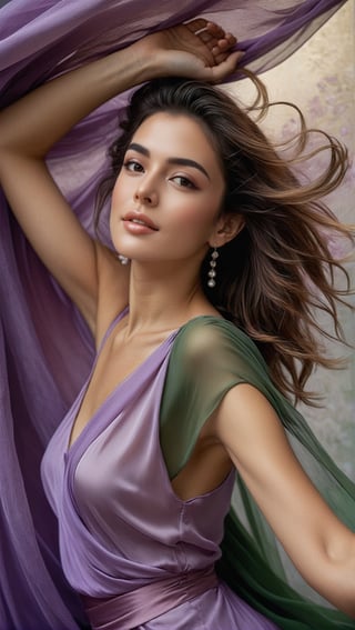 Hyper-Realistic photo of a girl,(20yo),1girl,solo,Sean Young,dancing gracefully, alluring neighbor's wife, clear facial features, perfect female form, model body, simple backdrop, studio photo, (Lilac Purple, Deep Coral, Green Gray, White Canvas color), ethereal chiffon with folds blowing
BREAK
(rule of thirds:1.3),perfect composition,studio photo,trending on artstation,depth of perspective,(Masterpiece,Best quality,32k,UHD:1.4),(sharp focus,high contrast,HDR,hyper-detailed,intricate details,ultra-realistic,award-winning photo,ultra-clear,kodachrome 800:1.3),(chiaroscuro lighting:1.3),by Antonio Lopez, Diego Koi, Karol Bak and Hayao Miyazaki,photo_b00ster, real_booster,art_booster