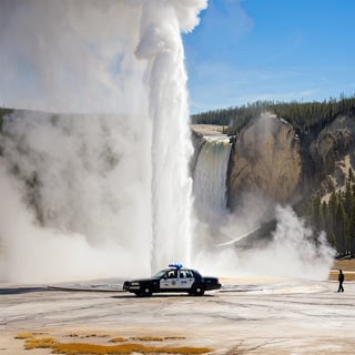 Hyper-Realistic photo of a beautiful LAPD police officer at  Yellowstone,20yo,1girl,solo,LAPD police uniform,cap,detailed exquisite face,soft shiny skin,smile,sunglasses,looking at viewer,Kristen Stewart lookalike,cap,fullbody:1.3
BREAK
backdrop:Old Faithful \(oldfa1thfu1\) in Yellowstone,outdoors,multiple boys,sky, day,tree,scenery,6+boys,realistic,photo background,many people watching smoke eruption,highly realistic eruption,highly detailed soil,mostly white soil with some brown,police car,(girl focus:1.3),[cluttered maximalism]
BREAK
settings: (rule of thirds1.3),perfect composition,studio photo,trending on artstation,depth of perspective,(Masterpiece,Best quality,32k,UHD:1.4),(sharp focus,high contrast,HDR,hyper-detailed,intricate details,ultra-realistic,kodachrome 800:1.3),(cinematic lighting:1.3),(by Karol Bak$,Alessandro Pautasso$,Gustav Klimt$ and Hayao Miyazaki$:1.3),art_booster,photo_b00ster, real_booster,Ye11owst0ne