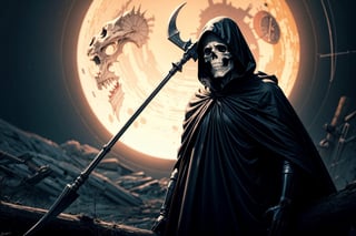 skull and skeleton monster cloaked in a hooded robe BREAK swinging massive scythe fiercely around BREAK very dark night with full moon in the sky BREAK masterpiece, best quality, ultra-detailed, 8K, realistic, intricate, photography, rule of thirds, upper body