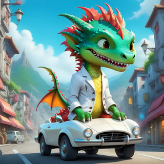 Cartoon: a very cute and young dragon boy,driving a cool SUV,cheerful,white jacket,(complex city street backdrop),cinematic lighting,rule of thirds,depth of perspective,trending on artstation,(hyper-realistic,Ultra-detailed,sharp focus,high contrast,HDR,masaterpiece, RAW photo,photo realism:1.3),(fullbody:1.3),dragon_h,art_booster, real_booster,H effect