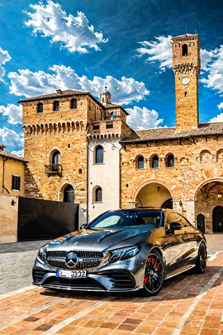 ((Ultra-realistic)) photo of mercedes e53 amg coupe,metallic grey color,shiny spinning wheels,glossy black alloy rims with silver edge,bright turned on head lights
BREAK
backdrop of (a medieval plaza in Italy:1.4), 14th century, (golden ratio:1.3), (medieval architecture:1.3), (mullioned windows:1.3), (brick wall:1.1), (tower with merlons:1.2), overlooking the plaza, beautiful blue sky with imposing cumulonembus clouds,depth of perspective,vehicle focus,(wide shot),random angle view
BREAK
sharp focus,high contrast,studio photo,trending on artstation,rule of thirds,perfect composition,(Hyper-detailed,masterpiece,best quality,UHD,HDR,32K, kodachrome 800,shiny,glossy,reflective:1.3),H effect,photo_b00ster, real_booster,more detail XL,itacstl,amazing quality