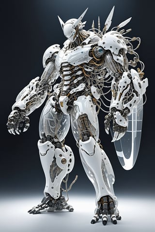 Giant rock cutter arm, adorned with ((transparent body parts)), revealing the intricate machinery inside, giant robotic weapon, smooth and angular design despite transparent parts, pulsating energy and intricate circuitry visible through transparent body parts.,robot, mechanical arms,Glass Elements,Clear Glass Skin