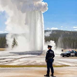 Hyper-Realistic photo of a beautiful LAPD police officer at  Yellowstone,20yo,1girl,solo,LAPD police uniform,cap,detailed exquisite face,soft shiny skin,smile,sunglasses,looking at viewer,Kristen Stewart lookalike,cap,fullbody:1.3
BREAK
backdrop:Old Faithful \(oldfa1thfu1\) in Yellowstone,outdoors,multiple boys,sky, day,tree,scenery,6+boys,realistic,photo background,many people watching smoke eruption,highly realistic eruption,highly detailed soil,mostly white soil with some brown,police car,(girl focus:1.3),[cluttered maximalism]
BREAK
settings: (rule of thirds1.3),perfect composition,studio photo,trending on artstation,depth of perspective,(Masterpiece,Best quality,32k,UHD:1.4),(sharp focus,high contrast,HDR,hyper-detailed,intricate details,ultra-realistic,kodachrome 800:1.3),(cinematic lighting:1.3),(by Karol Bak$,Alessandro Pautasso$,Gustav Klimt$ and Hayao Miyazaki$:1.3),art_booster,photo_b00ster, real_booster,Ye11owst0ne