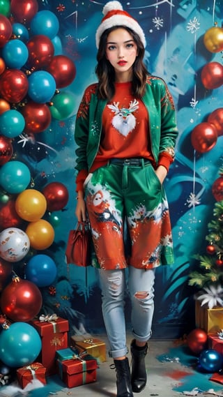 Generate an image of a stylish 23-year-old woman attending a casual Christmas party with a hint of graffiti-inspired flair. Opting for festive Christmas party attire, she chooses a unique design and color among various outfits that complement the holiday spirit. Infuse the ensemble with a graffiti-style aesthetic, introducing dynamic lines and patterns that add an unconventional and artistic edge. Ensure the look includes modern and chic accessories, placing her in a contemporary setting with urban decor and stylish Christmas decorations for an overall modern, sophisticated, and artistically enriched ambiance.digital painting,kimtaeri-xl,<lora:659095807385103906:1.0>