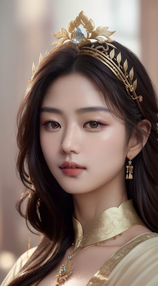 A highly detailed and hyper realistic drawing of a  gorgeous asian Goddess, elegantly clad, close-up, trending on artstation, sharp focus, studio photo, intricate details, highly detailed, by greg rutkowski, trending on artstation, sharp focus, studio photo, intricate details, highly detailed, close up portrait photo by Annie Leibovitz, film, studio lighting, detailed skin, ultra realistic, bokeh, sharp features,leonardo,jeon_jihyun