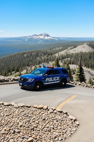 Hyper-Realistic photo of a beautiful LAPD police officer at  Mount Washburn summit of Yellowstone,20yo,1girl, solo,LAPD police uniform,cap,detailed exquisite face,soft shiny skin,smile,sunglasses,looking at viewer,Kristen Stewart lookalike,cap,fullbody:1.3
BREAK
backdrop:Mount Washburn Summit \(wash9urn\) in Yellowstone,summit at eye level,outdoors,blue sky,day,rock,horizon,green mountain,landscape,trail,tree,police car,(girl focus:1.3),cluttered maximalism
BREAK
settings: (rule of thirds1.3),perfect composition,studio photo,trending on artstation,depth of perspective,(Masterpiece,Best quality,32k,UHD:1.4),(sharp focus,high contrast,HDR,hyper-detailed,intricate details,ultra-realistic,kodachrome 800:1.3),(cinematic lighting:1.3),(by Karol Bak$,Alessandro Pautasso$,Gustav Klimt$ and Hayao Miyazaki$:1.3),art_booster,photo_b00ster, real_booster,Ye11owst0ne
