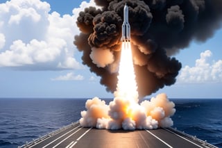 ((Ultra-realistic)) close-up photo of a SM-3 missile launching from US Navy ship USS Arleigh Burke,flame and smoke,cluttered maximalism
BREAK
backdrop of ocean,sky,clouds,(missile and ship focus:1.2)
BREAK
rule of thirds,studio photo,trending on artstation,perfect composition,(Hyper-detailed,masterpiece,best quality,32K,UHD,sharp focus,high contrast),H effect,photo_b00ster, real_booster,ani_booster