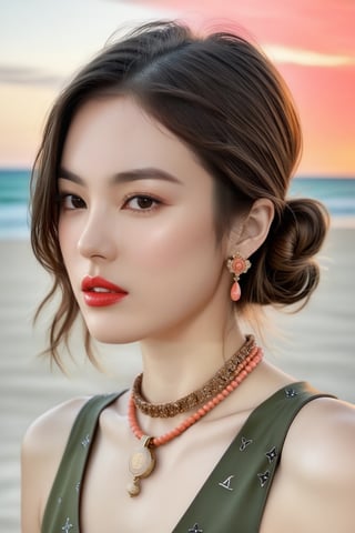 Hyper-Realistic photo of a girl,20yo,1girl,perfect female form,perfect body proportion,perfect anatomy,[Apricot,Coral Pink,Olive Green,Sand-Beach color],elegant dress,detailed exquisite face,soft shiny skin,mesmerizing,detailed shiny short hair,small earrings,necklaces,Louis Vuitton bag,cluttered maximalism,simple backdrop with gradation
BREAK
(rule of thirds:1.3),perfect composition,studio photo,trending on artstation,(Masterpiece,Best quality,32k,UHD:1.4),(sharp focus,high contrast,HDR,hyper-detailed,intricate details,ultra-realistic,award-winning photo,ultra-clear,kodachrome 800:1.25),(chiaroscuro lighting,soft rim lighting:1.15),by Karol Bak,Antonio Lopez,Gustav Klimt and Hayao Miyazaki,photo_b00ster,real_booster,art_booster,song-hyegyo-xl