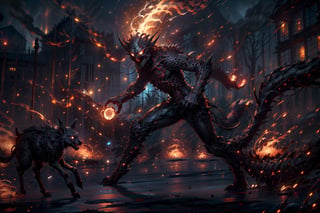 (masterpiece,best quality,ultra-detailed,8K,intricate, realistic),many animal type mosters are running forward for attacks,flame elemental magic,flames in background,full body,cinematic lighting,horror (theme)