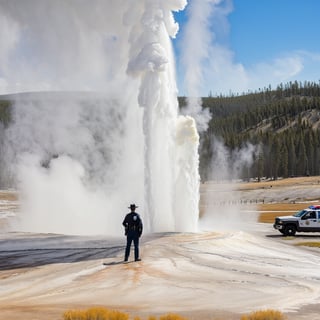 Hyper-Realistic photo of a beautiful LAPD police officer at  Yellowstone,20yo,1girl,solo,LAPD police uniform,cap,detailed exquisite face,soft shiny skin,smile,sunglasses,looking at viewer,Kristen Stewart lookalike,cap,fullbody:1.3
BREAK
backdrop:Old Faithful \(oldfa1thfu1\) in Yellowstone,outdoors,multiple boys,sky, day,tree,scenery,6+boys,realistic,photo background,many people watching smoke eruption,highly realistic eruption,highly detailed soil,mostly white soil with some brown,police car,(girl focus:1.3),[cluttered maximalism]
BREAK
settings: (rule of thirds1.3),perfect composition,studio photo,trending on artstation,depth of perspective,(Masterpiece,Best quality,32k,UHD:1.4),(sharp focus,high contrast,HDR,hyper-detailed,intricate details,ultra-realistic,kodachrome 800:1.3),(cinematic lighting:1.3),(by Karol Bak$,Alessandro Pautasso$,Gustav Klimt$ and Hayao Miyazaki$:1.3),art_booster,photo_b00ster, real_booster,Ye11owst0ne