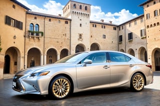 ((Ultra-realistic)) photo of Lexus ES300h,metallic silver color,shiny spinning wheels,glossy gold alloy rims with silver edge,bright turned on head lights
BREAK
backdrop of (a medieval plaza in Italy:1.4), 14th century, (golden ratio:1.3), (medieval architecture:1.3), (mullioned windows:1.3), (brick wall:1.1), (tower with merlons:1.2), overlooking the plaza, beautiful blue sky with imposing cumulonembus clouds,depth of perspective,vehicle focus,(wide shot),random angle view,cluttered maximalism
BREAK
sharp focus,high contrast,studio photo,trending on artstation,rule of thirds,perfect composition,(Hyper-detailed,masterpiece,best quality,UHD,HDR,32K, kodachrome 800,shiny,glossy,reflective:1.3),H effect,photo_b00ster, real_booster,more detail XL,itacstl