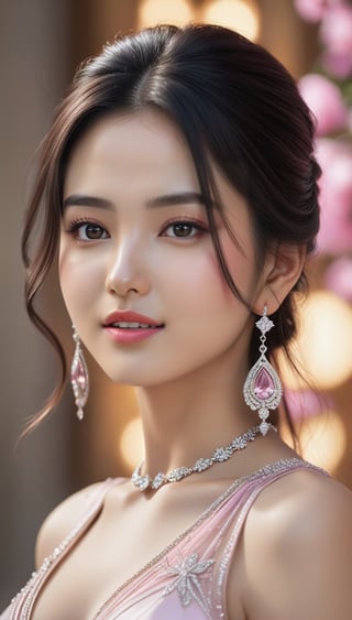 goddess-like girl,20yo, detailed exquisite face,elegant dress,symmetric face,sharp nose,detailed soft skin,shiny skin,small face, gentle smile,aesthetic,looking at viewer,hourglass figure,perfect female form,model body,dishelved black hair blowing,pink white gold colors  BREAK 
(masterpiece, best quality, ultra-detailed, 16K, intricate,hyper-realistic:1.3),(high contrast,HDR,vibrant colors, RAW photo, rule of thirds:1.2),(chairoscuro lighting technique,soft rim lighting,key light reflecting in the eyes:1.2),(full body sideview:1.3),Warm tone,(bokeh backdrop), (small earrings,jewelry,necklaces),siena natural ratio,greg rutkowski,kimtaeri-xl