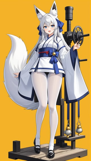 Hyper-Detailed Anime of Kasumi \(Azur Lane\),1girl, solo, long hair, looking at viewer, blush, open mouth, bangs, blue eyes, hair ornament, long sleeves, ribbon, animal ears, very long hair, standing, tail, full body, hair ribbon, white hair, pantyhose, japanese clothes, socks, wide sleeves, kimono, black footwear, animal ear fluff, sleeves past wrists, fox ears, bell, fox tail, fox girl, ribbon trim, jingle bell, machinery, white pantyhose, ribbon-trimmed sleeves, turret, rigging, torii,simple background,yellow background,cluttered maximalism
BREAK
(rule of thirds:1.3),(thick drawing lines:1.3),perfect composition,studio photo,trending on artstation,(Masterpiece,Best quality,32k,UHD,sharp focus,high contrast,HDR,hyper-detailed,intricate details,ultra-clear:1.3),(cinematic lighting),photo_b00ster, real_booster,art_booster,ani_booster