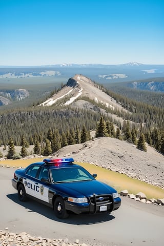 Hyper-Realistic photo of a beautiful LAPD police officer at  Mount Washburn summit of Yellowstone,20yo,1girl, solo,LAPD police uniform,cap,detailed exquisite face,soft shiny skin,smile,sunglasses,looking at viewer,Kristen Stewart lookalike,cap,fullbody:1.3
BREAK
backdrop:Mount Washburn Summit \(wash9urn\) in Yellowstone,summit at eye level,outdoors,blue sky,day,rock,horizon,green mountain,landscape,trail,tree,police car,(girl focus:1.3),cluttered maximalism
BREAK
settings: (rule of thirds1.3),perfect composition,studio photo,trending on artstation,depth of perspective,(Masterpiece,Best quality,32k,UHD:1.4),(sharp focus,high contrast,HDR,hyper-detailed,intricate details,ultra-realistic,kodachrome 800:1.3),(cinematic lighting:1.3),(by Karol Bak$,Alessandro Pautasso$,Gustav Klimt$ and Hayao Miyazaki$:1.3),art_booster,photo_b00ster, real_booster,Ye11owst0ne