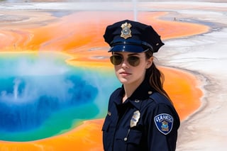 Hyper-Realistic photo of a beautiful LAPD police officer at Grand Prismatic Spring of Yellowstone, 20yo,1girl,solo,LAPD police uniform,cap,detailed exquisite face,soft shiny skin,smile,sunglasses,looking at viewer,Kristen Stewart lookalike,cap,fullbody:1.3
BREAK
backdrop:grandpr1smat1c,vivid color for Spring,orange mane-like soil around the pool,brown and white soil color,smoke from spring,brown and white color soil,1 spring,(girl focus),[cluttered maximalism]
BREAK
settings: (rule of thirds1.3),perfect composition,studio photo,trending on artstation,depth of perspective,(Masterpiece,Best quality,32k,UHD:1.4),(sharp focus,high contrast,HDR,hyper-detailed,intricate details,ultra-realistic,kodachrome 800:1.3),(cinematic lighting:1.3),(by Karol Bak$,Alessandro Pautasso$,Gustav Klimt$ and Hayao Miyazaki$:1.3),art_booster,photo_b00ster, real_booster,Ye11owst0ne