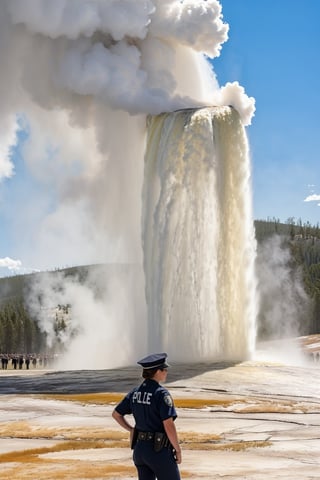 Hyper-Realistic photo of a beautiful LAPD police officer at  Yellowstone,20yo,1girl,solo,LAPD police uniform,cap,detailed exquisite face,soft shiny skin,smile,sunglasses,looking at viewer,Kristen Stewart lookalike,cap,fullbody:1.3
BREAK
backdrop:Old Faithful \(oldfa1thfu1\) in Yellowstone,outdoors,multiple boys,sky, day,tree,scenery,6+boys,realistic,photo background,many people watching smoke eruption,highly realistic eruption,highly detailed soil,mostly white soil with some brown,police car,(girl focus),[cluttered maximalism]
BREAK
settings: (rule of thirds1.3),perfect composition,studio photo,trending on artstation,depth of perspective,(Masterpiece,Best quality,32k,UHD:1.4),(sharp focus,high contrast,HDR,hyper-detailed,intricate details,ultra-realistic,kodachrome 800:1.3),(cinematic lighting:1.3),(by Karol Bak$,Alessandro Pautasso$,Gustav Klimt$ and Hayao Miyazaki$:1.3),art_booster,photo_b00ster, real_booster,Ye11owst0ne