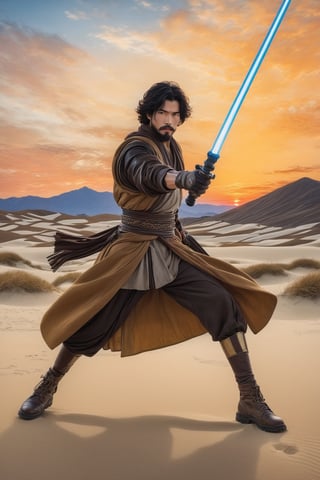 Hyper-Realistic photo of a jedi swinging lightsaber,1boy,solo,black hair,gloves,weapon,male focus, sword,facial hair,parody,beard,science fiction,animification,energy sword,lightsaber,looking at viewer,Lee Jung-Jae \(Sol in Star Wars Acolyte\) lookalike,fullbody:1.3
BREAK
backdrop:jedi aircraft on ground,field,sand,sky,sunset,hill,[cluttered maximalism]
BREAK
settings: (rule of thirds1.3),perfect composition,studio photo,trending on artstation,depth of perspective,(Masterpiece,Best quality,32k,UHD:1.4),(sharp focus,high contrast,HDR,hyper-detailed,intricate details,ultra-realistic,kodachrome 800:1.3),(chiaroscuro lighting:1.3),(by Karol Bak$,Alessandro Pautasso$,Gustav Klimt$ and Hayao Miyazaki$:1.3),art_booster,photo_b00ster, real_booster,w1nter res0rt
