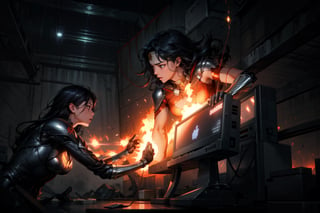 wonder women and monster are fighting in the base BREAK fires everywhere, labs and computers on fire BREAK  (masterpiece, best quality, ultra-detailed, 8K, realistic:1.2, intricate:1.2, rule of thirds), cinematic lighting, night, (dark environment)