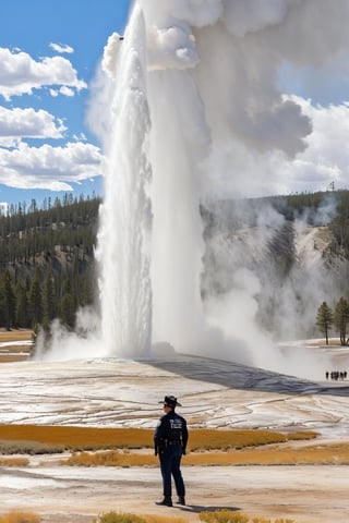 Hyper-Realistic photo of a beautiful LAPD police officer at  Yellowstone,20yo,1girl,solo,LAPD police uniform,cap,detailed exquisite face,soft shiny skin,smile,sunglasses,looking at viewer,Kristen Stewart lookalike,cap,fullbody:1.3
BREAK
backdrop:Old Faithful \(oldfa1thfu1\) in Yellowstone,outdoors,multiple boys,sky, day,tree,scenery,6+boys,realistic,photo background,many people watching smoke eruption,highly realistic eruption,highly detailed soil,mostly white soil with some brown,police car,(girl focus:1.3),[cluttered maximalism]
BREAK
settings: (rule of thirds1.3),perfect composition,studio photo,trending on artstation,depth of perspective,(Masterpiece,Best quality,32k,UHD:1.4),(sharp focus,high contrast,HDR,hyper-detailed,intricate details,ultra-realistic,kodachrome 800:1.3),(cinematic lighting:1.3),(by Karol Bak$,Alessandro Pautasso$,Gustav Klimt$ and Hayao Miyazaki$:1.3),art_booster,photo_b00ster, real_booster,Ye11owst0ne,grandpr1smat1c