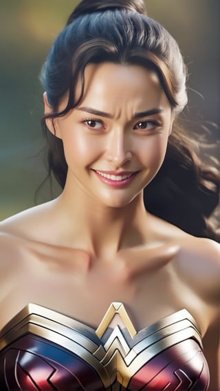 Very (detailed) illustration of a ((best quality)), ((masterpiece)), mesmerizing and alluring female model, confident smile, playful smirk, (looking at viewer):1.3, (high ponytail):1.3, (view from her back):1.3, small earrings, necklaces, detailed eyes, glossy skin, very sexy pose, hourglass_figure, natural huge breasts, high contrast, [colorful], [full body], rule of thirds, cinematic lighting, detailmaster2, kwon-nara-xl,wonder-woman-xl