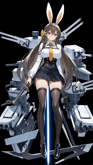 Hyper-Detailed Anime of Chikuma \(Azur Lane\),1girl, solo, long hair, breasts, looking at viewer, bangs, skirt, large breasts, simple background, brown hair, black hair, hair ornament, thighhighs, long sleeves, holding, animal ears, full body, weapon, braid, pleated skirt, necktie, sword, black thighhighs, black skirt, holding weapon, rabbit ears, mole, zettai ryouiki, orange eyes, single braid, sideboob, holding sword, katana, black background, mole under mouth, machinery, high-waist skirt, turret, rigging,simple background,cluttered maximalism
BREAK
(rule of thirds:1.3),(thick drawing lines:1.3),perfect composition,studio photo,trending on artstation,(Masterpiece,Best quality,32k,UHD,sharp focus,high contrast,HDR,hyper-detailed,intricate details,ultra-clear:1.3),(cinematic lighting),by Karol Bak,Gustav Klimt and Hayao Miyazaki,ani_booster,real_booster,art_booster