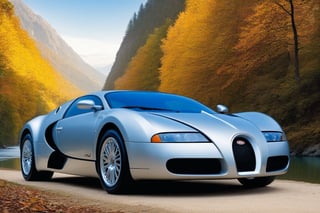 ((Hyper-Realistic)) photo of a Bugatti EB 218 \(1999 Bugatti EB 218 designed by Giorgetto Giugiaro\) parked,(backdrop: beautiful mountain with river,lake,tree, forest,rock and reflection in water),Front view,well-lit,(dark silver body color:1.2),silver and black stylish alloy wheels
BREAK 
aesthetic,rule of thirds,depth of perspective,perfect composition,studio photo,trending on artstation,cinematic lighting,(Hyper-realistic photography,masterpiece, photorealistic,ultra-detailed,intricate details,16K,sharp focus,high contrast,kodachrome 800,HDR:1.2),by Karol Bak,Gustav Klimt and Hayao Miyazaki, real_booster,art_booster,ani_booster,y0sem1te,H effect