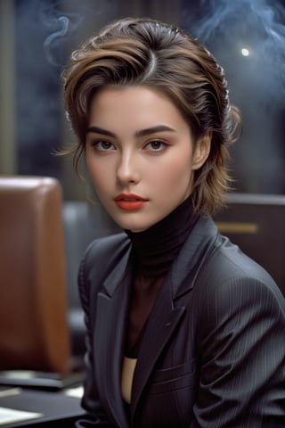 Hyper-Realistic photo of a girl sitting in a dark office,20yo,1girl,Sean Young \(Blade Runner 1982\),perfect female form,perfect body proportion,mysterious,perfect anatomy,expressionless,
black suit,secretary,detailed exquisite face,soft shiny skin,holding,brown eyes,lips,cigarette,mesmerizing,
black updo hair,upper body,very dark background,smoke
BREAK
(rule of thirds:1.3),perfect composition,studio photo,trending on artstation,(Masterpiece,Best quality,32k,UHD:1.4),(sharp focus,high contrast,HDR,hyper-detailed,intricate details,ultra-realistic,award-winning photo,ultra-clear,kodachrome vintage:1.25),(chiaroscuro lighting,soft rim lighting:1.5),by Karol Bak,Antonio Lopez,Gustav Klimt and Hayao Miyazaki,photo_b00ster, real_booster,art_booster
