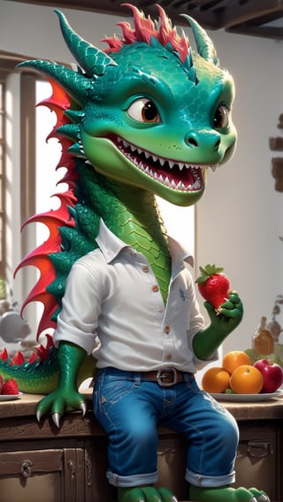 Cartoon: a very cute and young dragon boy,eating crereal and fruits for breakfast,white shirt and jeans,kitchen backdrop,chiaroscuro lighting,rule of thirds,depth of perspective,trending on artstation,(hyper-realistic,Ultra-detailed,sharp focus,high contrast,HDR,masaterpiece,RAW photo),(fullbody:1.3),dragon_h,art_booster, real_booster,H effect,niji5,more detail XL