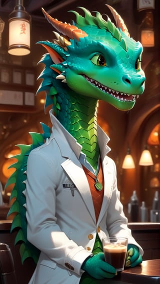 Cartoon: a very cute and young dragon boy,in coffeeshop,drinking coffee,white jacket,cheerful,complex backdrop,cinematic lighting,rule of thirds,depth of perspective,trending on artstation,(fullbody sideshot:1.3),dragon_h,art_booster, real_booster