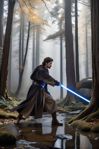 Hyper-Realistic photo of a jedi chasing an enemy swinging lightsaber,1boy,solo,black hair,gloves,weapon,male focus, sword,facial hair,parody,beard,science fiction, animification,energy sword,lightsaber,looking at viewer,Lee Jung-Jae \(Sol in Star Wars Acolyte\) lookalike,fullbody:1.3
BREAK
backdrop:dark forest,tree,rock,puddles,glowing light,neon light,[cluttered maximalism]
BREAK
settings: (rule of thirds1.3),perfect composition,studio photo,trending on artstation,depth of perspective,(Masterpiece,Best quality,32k,UHD:1.4),(sharp focus,high contrast,HDR,hyper-detailed,intricate details,ultra-realistic,kodachrome 800:1.3),(chiaroscuro lighting:1.3),(by Karol Bak$,Alessandro Pautasso$,Gustav Klimt$ and Hayao Miyazaki$:1.3),art_booster,photo_b00ster, real_booster,w1nter res0rt