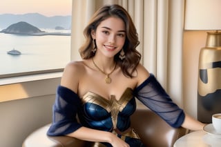 Hyper-Realistic photo of a french girl sitting in a hotel room chair,20yo,1girl,perfect female form,perfect body proportion,perfect anatomy,detailed exquisite face,soft shiny skin,smile,mesmerizing,disheveled hair,small earrings,necklaces,chanel bag,cluttered maximalism
BREAK
backdrop of a beautiful night scene of Gwang Ahn Dae Gyo bridge in Busan,Korea,(ocean,bridge),table, window,coffee mug,[curtain],(fullbody:1.2)
BREAK
(rule of thirds:1.3),perfect composition,studio photo,trending on artstation,(Masterpiece,Best quality,32k,UHD:1.4),(sharp focus,high contrast,HDR,hyper-detailed,intricate details,ultra-realistic,award-winning photo,ultra-clear,kodachrome vintage:1.25),(chiaroscuro lighting,soft rim lighting:1.15),by Karol Bak,Antonio Lopez,Gustav Klimt and Hayao Miyazaki,photo_b00ster,real_booster,art_booster,wonder-woman-xl