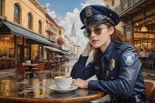 Hyper-Realistic photo of a beautiful LAPD police officer sitting in a cafe,20yo,1girl,solo,LAPD police uniform,cap,detailed exquisite face,soft shiny skin,smile,looking at viewer,Kristen Stewart lookalike,cap,sunglasses,fullbody:1.3
BREAK
backdrop:city street,table,coffee mug,sky,puddles,[cluttered maximalism]
BREAK
settings: (rule of thirds1.3),perfect composition,studio photo,trending on artstation,depth of perspective,(Masterpiece,Best quality,32k,UHD:1.4),(sharp focus,high contrast,HDR,hyper-detailed,intricate details,ultra-realistic,kodachrome 800:1.3),(cinematic lighting:1.3),(by Karol Bak$,Alessandro Pautasso$,Gustav Klimt$ and Hayao Miyazaki$:1.3),art_booster,photo_b00ster, real_booster