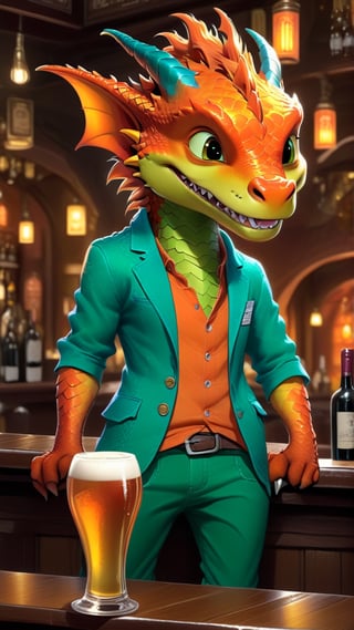 Cartoon: a very cute and young-looking dragon boy,in a bar,drinking wine,orange jacket,cheerful,complex backdrop,cinematic lighting,rule of thirds,depth of perspective,trending on artstation,(hyper-realistic,Ultra-detailed,sharp focus,high contrast,HDR,masaterpiece),(fullbody:1.3),dragon_h,art_booster, real_booster