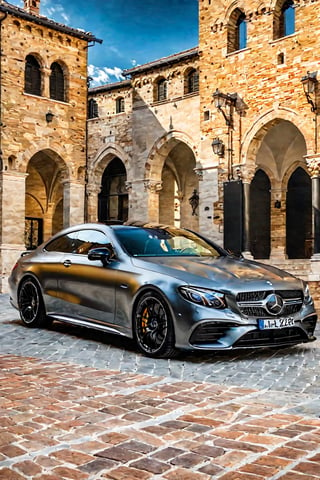 ((Ultra-realistic)) photo of mercedes e53 amg coupe,metallic grey color,shiny spinning wheels,glossy black alloy rims with silver edge,bright turned on head lights
BREAK
backdrop of (a medieval plaza in Italy:1.4), 14th century, (golden ratio:1.3), (medieval architecture:1.3), (mullioned windows:1.3), (brick wall:1.1), (tower with merlons:1.2), overlooking the plaza, beautiful blue sky with imposing cumulonembus clouds,depth of perspective,vehicle focus,(wide shot),random angle view
BREAK
sharp focus,high contrast,studio photo,trending on artstation,rule of thirds,perfect composition,(Hyper-detailed,masterpiece,best quality,UHD,HDR,32K, kodachrome 800,shiny,glossy,reflective:1.3),H effect,photo_b00ster, real_booster,more detail XL,itacstl,amazing quality