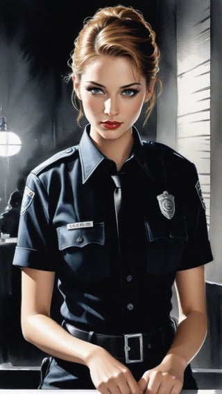 a beautiful 20yo police girl \(LAPD\) in a cafe,coffee BREAK 
(Frank Miller's Sin City style),sketch,ink,watercolor, art_booster, chiaroscuro lighting,perfect hands