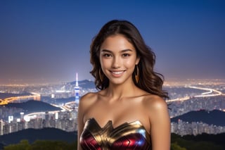 Hyper-Realistic photo of a brazilian girl,20yo,1girl,perfect female form,perfect body proportion,perfect anatomy,detailed exquisite face,soft shiny skin,smile,mesmerizing,short hair,small earrings,necklaces
BREAK
backdrop of a beautiful night scene of Namsan Tower in Seoul,Korea,city skyscrapers,Han River,mountain,(fullbody:1.2),(distant view:1.2),(heels:1.2)
BREAK
(rule of thirds:1.3),perfect composition,studio photo,trending on artstation,(Masterpiece,Best quality,32k,UHD:1.5),(sharp focus,high contrast,HDR,hyper-detailed,intricate details,ultra-realistic,award-winning photo,ultra-clear,kodachrome 800:1.3),(chiaroscuro lighting,soft rim lighting:1.2),by Karol Bak,Antonio Lopez,Gustav Klimt and Hayao Miyazaki,photo_b00ster,real_booster,ani_booster,wonder-woman-xl