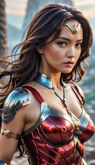 ultra realistic, best quality, cinematic, ultra detailed picture of beautiful sexy female wearing an intricate form-fitting armor with technological glass elements and red laser belts on breasts, enchanted city landscape, sharp focus, work of beauty and complexity invoking a sense of magic and fantasy, calming face and pose, 8k UHD, colorful aura, glowing, upper body,kimtaeri-xl,wonder-woman-xl